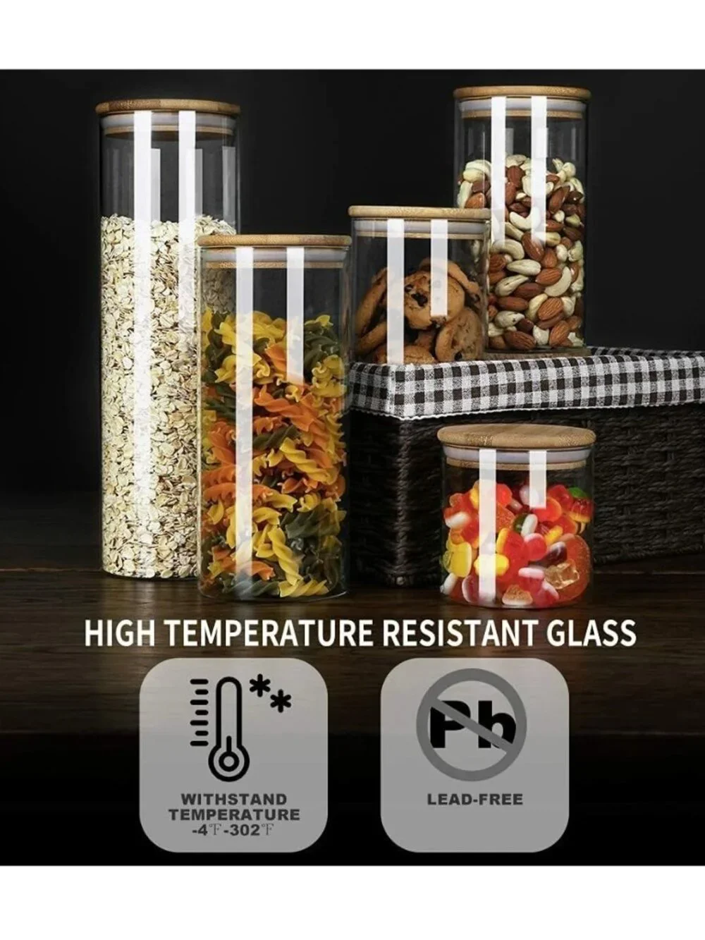 EMICA HOME Set of 5 Glass Food Storage Jars Bamboo Lids - NEW NIB